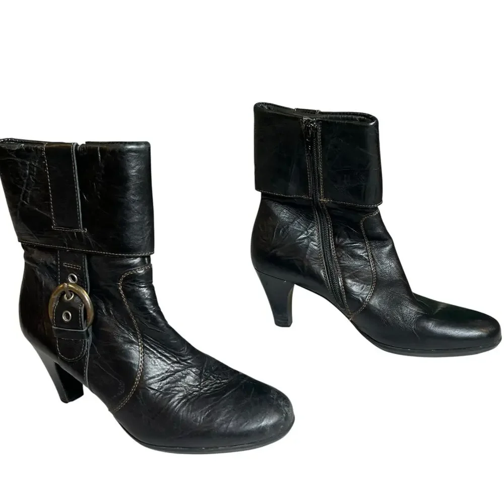 Paul Green Harness Boots 6.5 Black Leather Buckle‎ Cuffed Western Ankle Booties